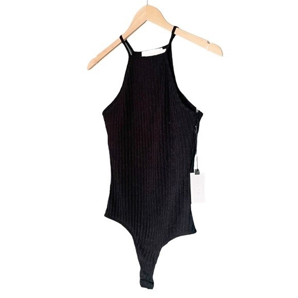 NWT ASTR Bodysuit High Halter Neck Black Soft Ribbed Knit One Piece Size Medium - Picture 3 of 9